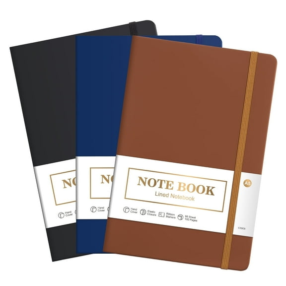 Vivin 3 Pack College Ruled Lined Journal Notebooks for Writing, 192 pages A5 Hardcover Leather Journals, Leather Notebook, Black, Navy, Brown