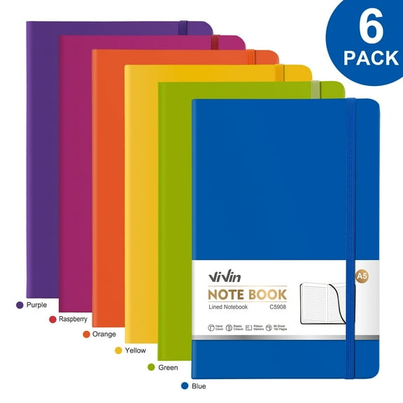 Vivin 6 Pack Journal Notebook, A5 Hardcover Leather Journals, College Ruled Lined Journal Notebook, Writing and Notebooks for office, home, school