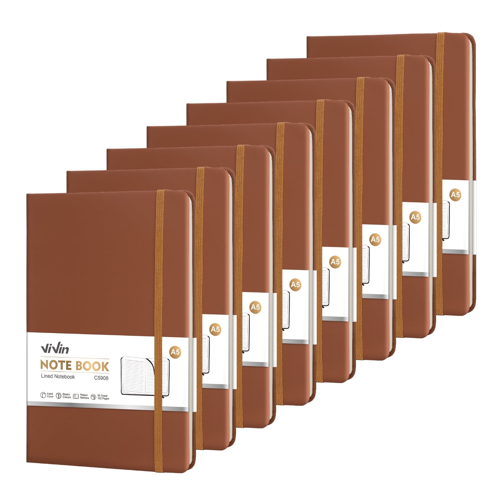 Vivin 8 Pack Lined Journal Notebooks for Writing, 192 Pages, 5.5 x 8.3 inch, Hardcover, Brown
