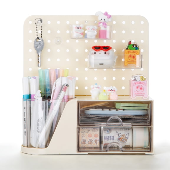 Vivin Desk Organizer, Small 2 Drawer Unit and Pen Holders, Multi-Purpose Pegboard organizer For Home Office, Cream