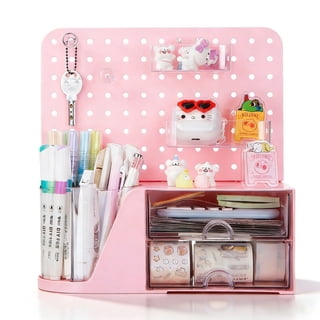 Vivin Desk Organizer, Small 2 Drawer Unit and Pen Holders, Multi-Purpose Pegboard organizer For Home Office, Pink