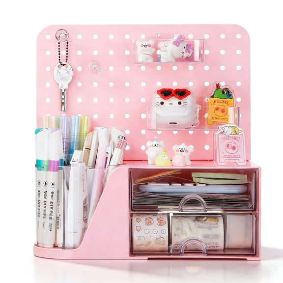 Vivin Desk Organizer, Small 2 Drawer Unit and Pen Holders, Multi-Purpose Pegboard organizer For Home Office, Pink