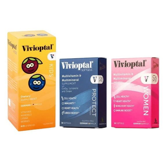 Vivioptal Daily Multivitamins with CoQ10 and Omega-3 Women & Protect 30 Capsules + Kids Syrup 10mL 6 to 12 Years Family Bundle