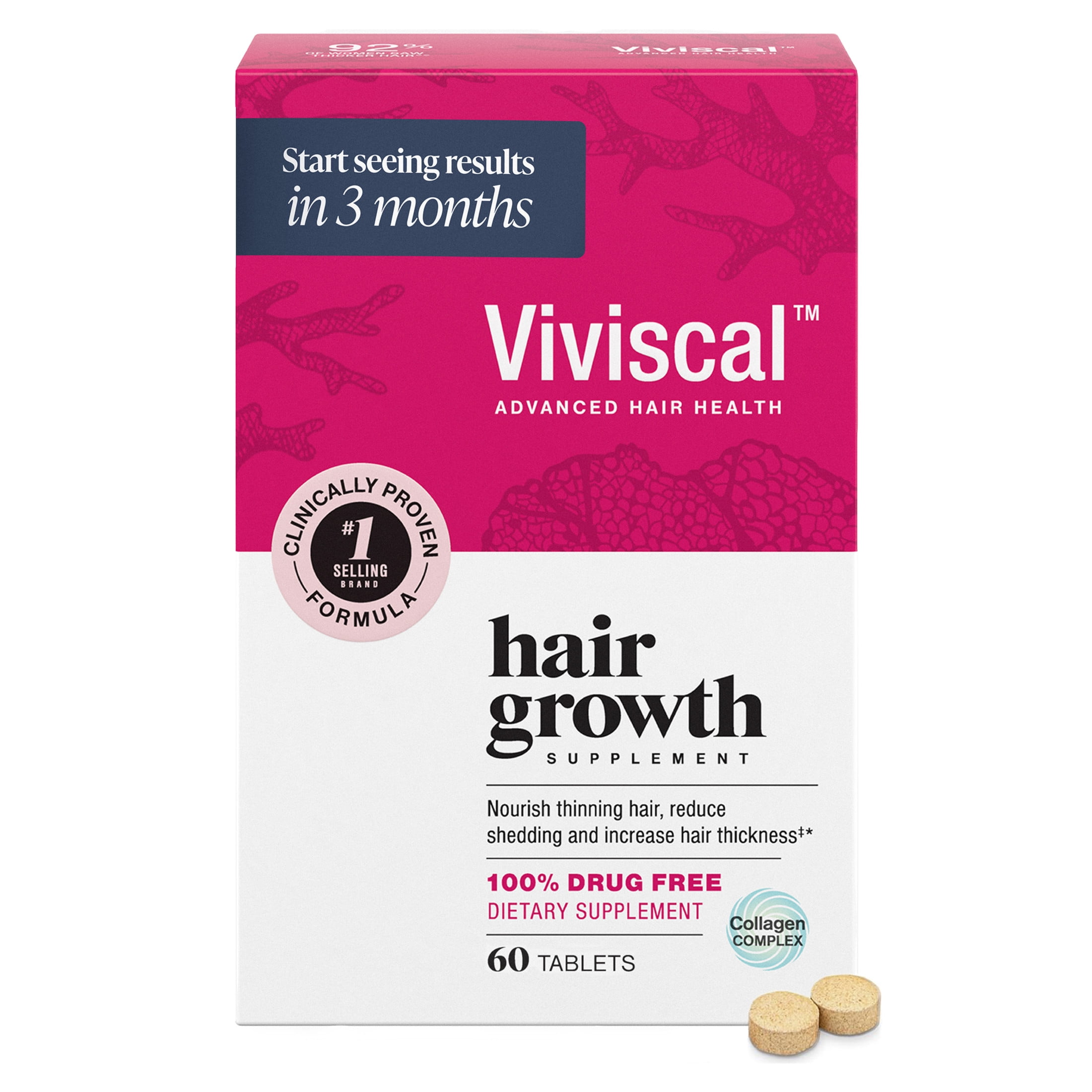 Viviscal Hair Growth Supplements for Women, Thicker Fuller Hair Support for Thinning Hair and Hair Loss, with Biotin and Marine Collagen, Drug-Free, 60 Tablets, 1-Month Supply