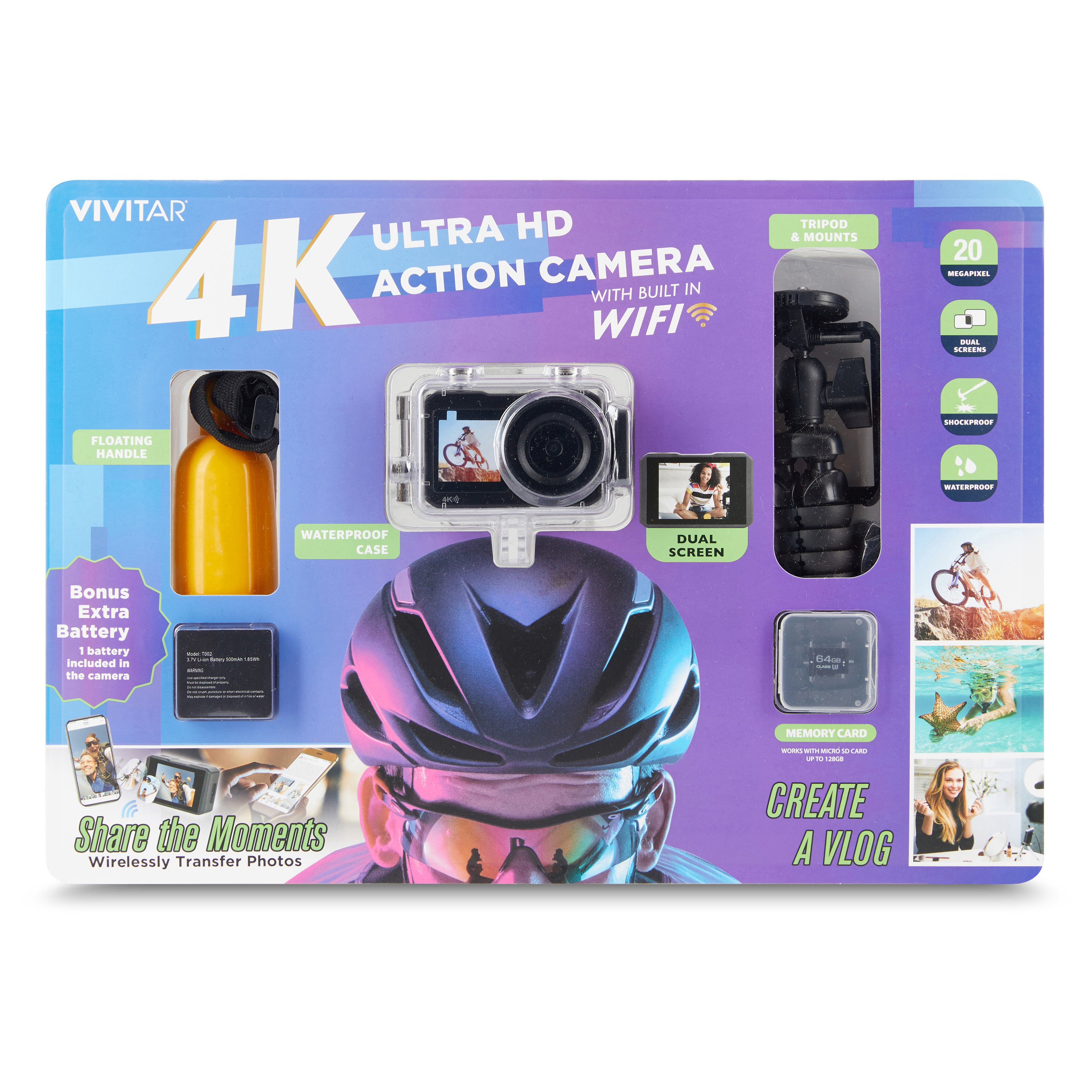 Vivitar 4K Ultra HD Action Camera Kit, Dual Screen with Wifi, Bonus Battery, Includes SD Card, Floating Handle, Tripod, Mounts - image 1 of 15