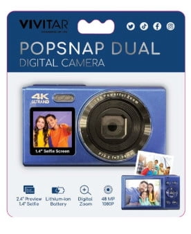 Vivitar PopSnap Dual Digital Camera, 48MP 4K Ultra HD, 16X Digital Zoom, Dual Screens, Rechargeable Battery- NAVY