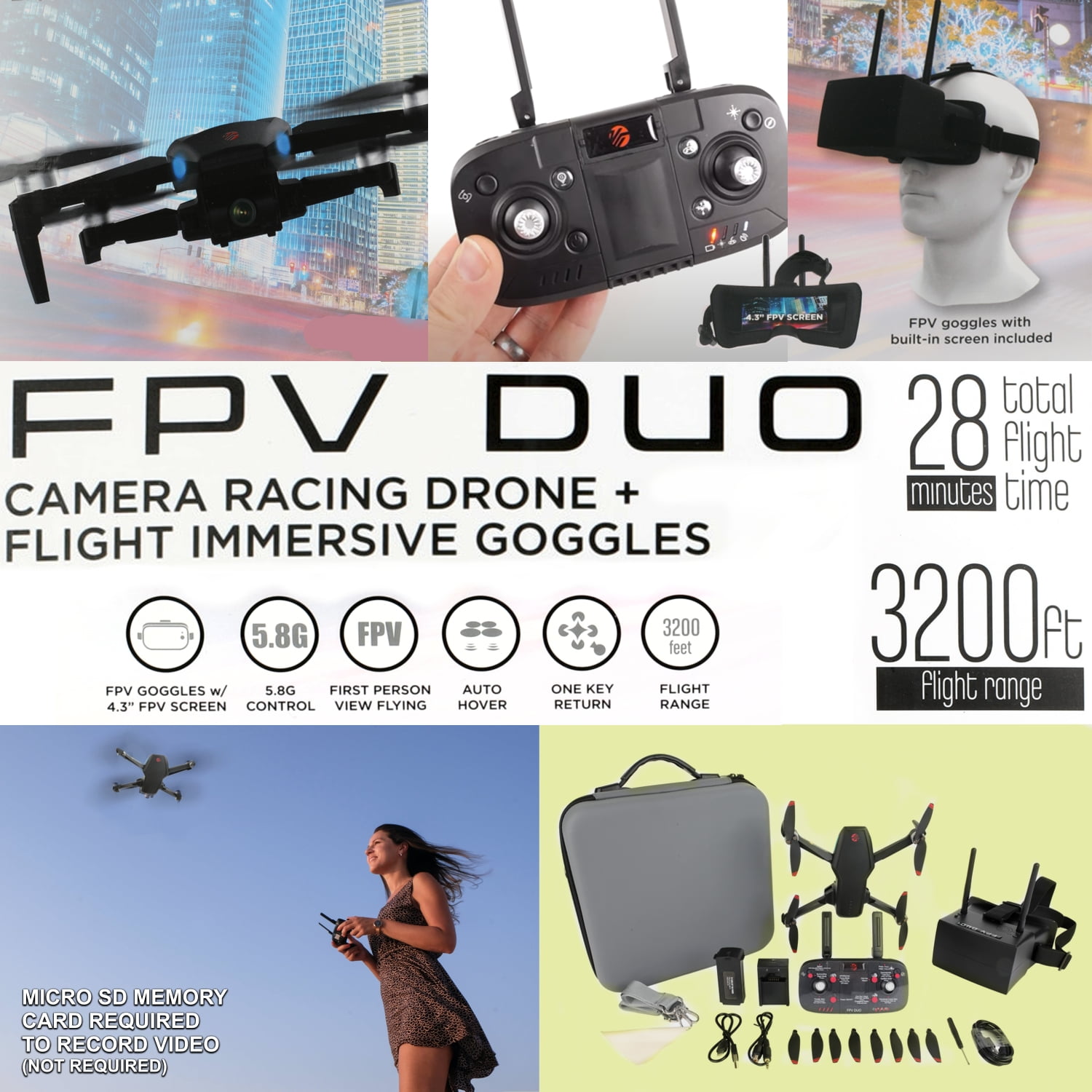 Vivitar FPV Duo Racing Drone with Goggles and GPS, Black