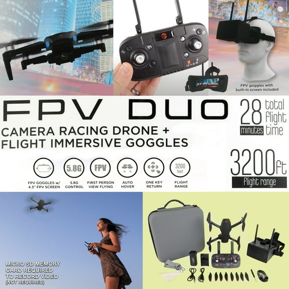 Vivitar FPV Duo Racing Drone with Goggles and GPS, Black