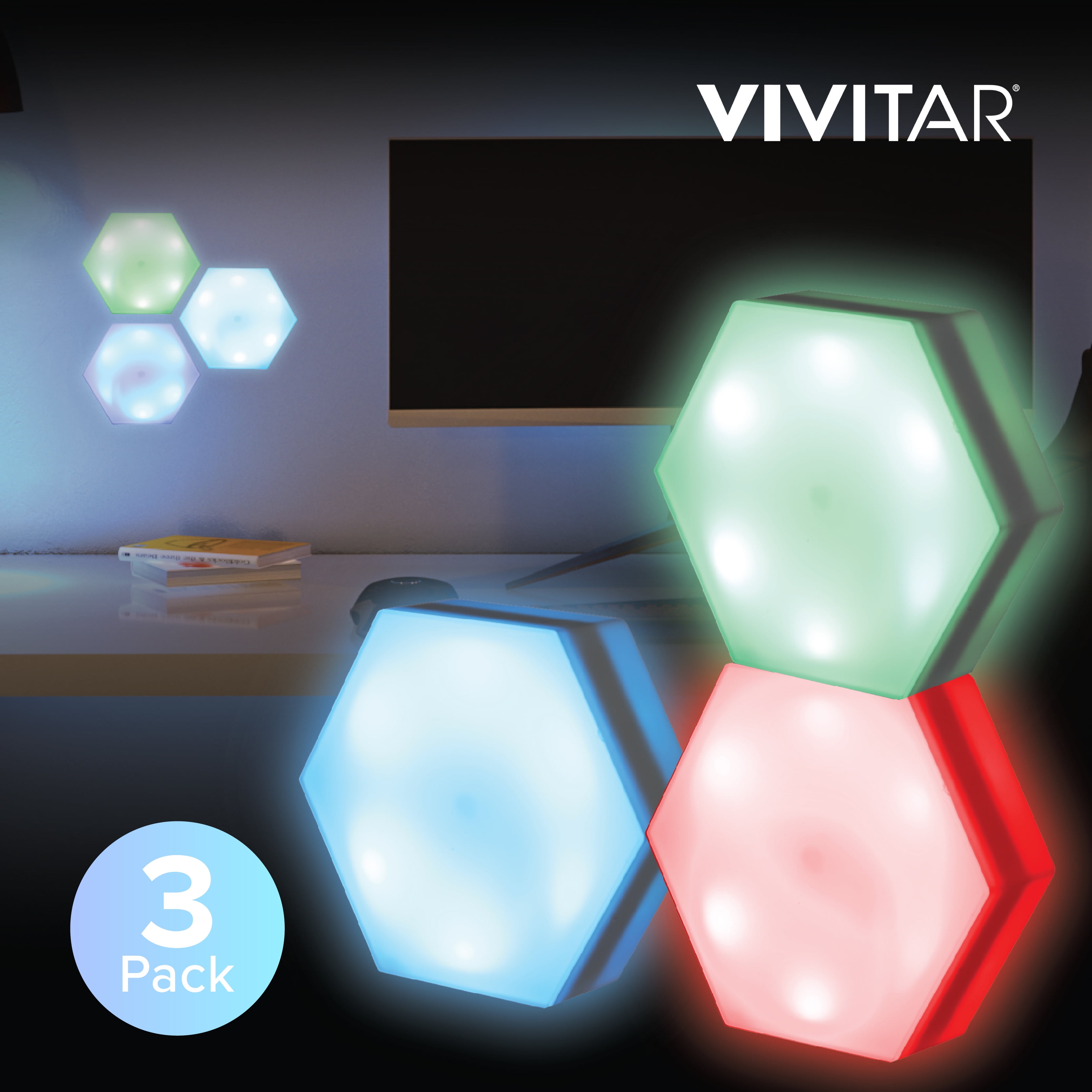 Vivitar HexaGlow RGB Light Panels: 3-Pack Hexagon Modular LED Lights with Touch-Activation, Remote Control