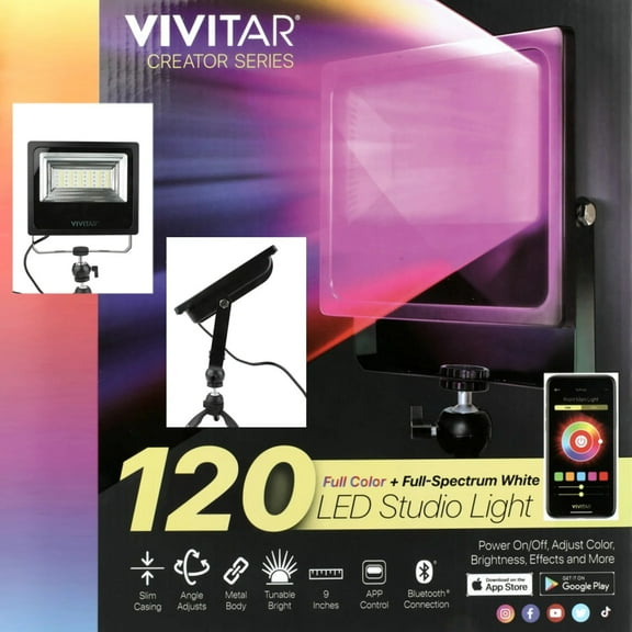 Vivitar LED On-Camera Studio Light with 120 LEDs, Built-in Stand, App-Enabled Controls, Black