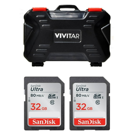 Vivitar Memory Card Hard Protector Case - Holds 4 CF, 8 SD & 12 MicroSD (24 Slots) + 2x Sandisk Ultra SDHC 32GB 80MB/S Class 10 Flash Memory Card – Deluxe Bundle