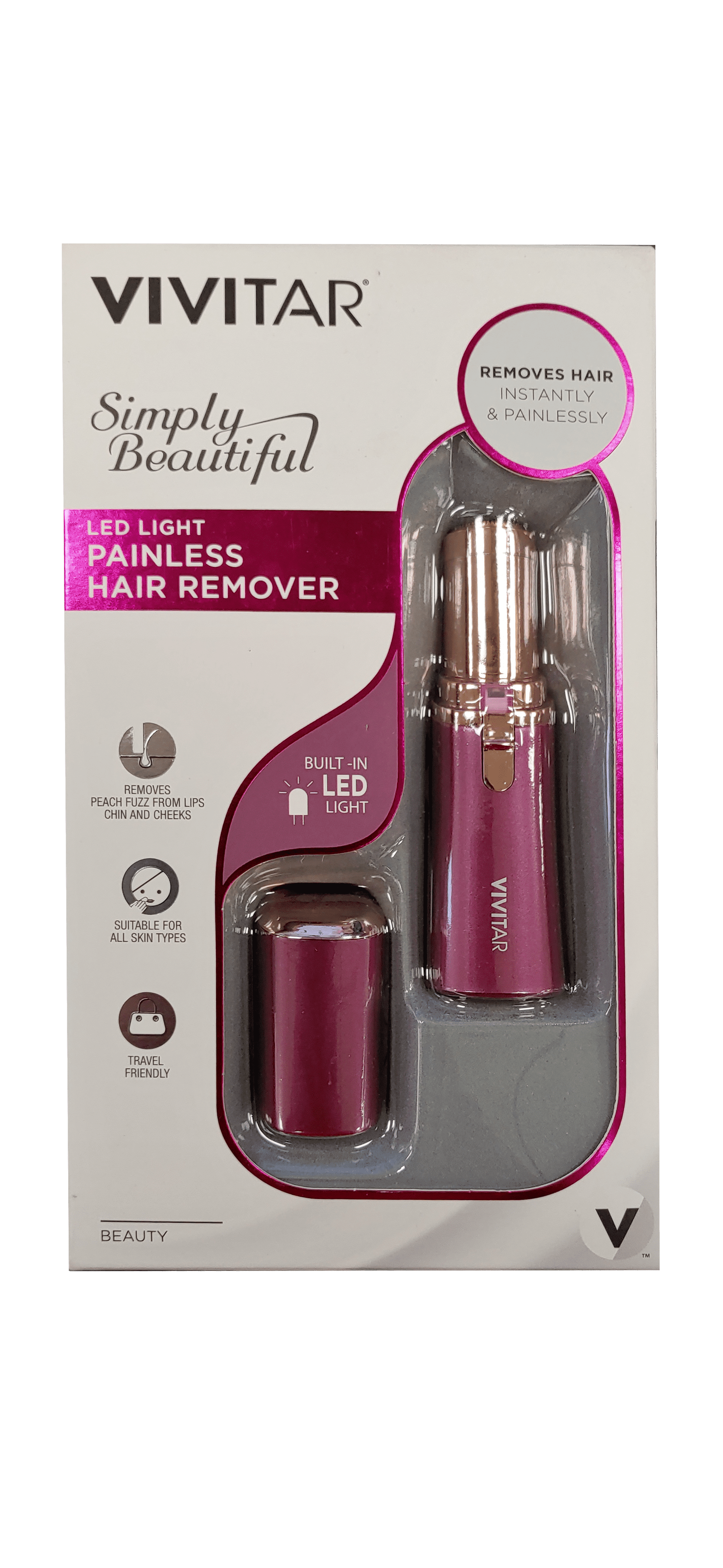 Vivitar PG-V027-RAS LED Light Painless Hair Remover, Portable And Compact Trimmer Shaver, Easy Storage And Is Travel-Friendly With Built-In LED Light For Chin Hair And Cheek Hair
