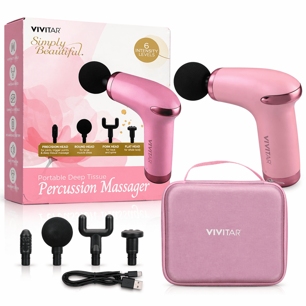 Vivitar Portable Deep Tissue Percussion Massager, Handheld Muscle Massage Gun with 4 Attachments & Travel Case, Pink