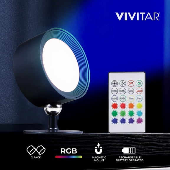Vivitar RGB Puck Lights 2 Pack - Rechargeable LED Puck Lights with Remote, Magnetic Wall Mount, 360-Degree Rotating Color Changing Accent Lights with Stand