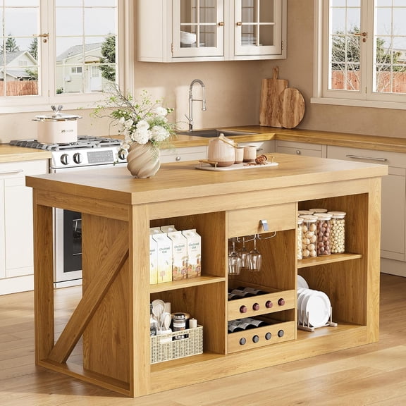 Viviwood Kitchen Island with Storage, Home Bar Island with Wine Rack, Oak