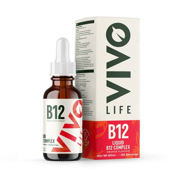 Vivo Life - Vitamin B12 Complex, High Potency Health Supplement, Orange Flavour Liquid Drops, 60ml, 60 Servings