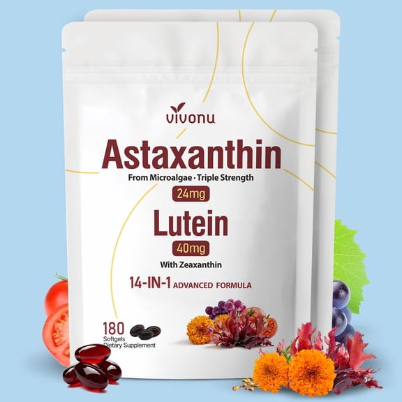 VivoNu 14-in-1 Astaxanthin 24mg & Lutein 40mg with Zeaxanthin Supplements Softgels | Fresh Microalgae Source, Supports Eye, Skin, Antioxidant, Joint, Circulatory Health, Non-GMO, Gluten Free