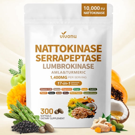 VivoNu Nattokinase 300 Softgels, 17-in-1 Organic Nattokinase Supplement with Serrapeptase, Lumbrokinase, CoQ10, AMLA & Turmeric | 500mg(10,000 FU) Per Serving | for Heart Health | Non-GMO