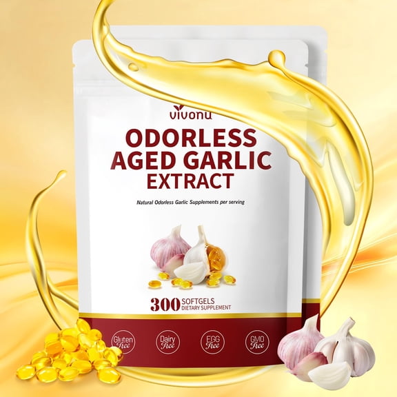VivoNu Odorless Aged Garlic Extract Capsules, 300 Softgels, Gluten Free | Odorless 24-month Aged Garlic Softgels with Mag, Chromium, B1 & B9, Non-GMO, for Holistic Wellness