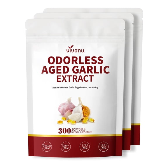 VivoNu Odorless Aged Garlic Extract Capsules, 300 Softgels, Gluten Free | Odorless 24-month Aged Garlic Softgels with Mag, Chromium, B1 & B9, Non-GMO, for Holistic Wellness