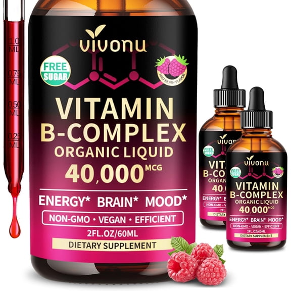 VivoNu Vitamin B Complex Liquid Drops,Methylated Vitamin B12 6000 mcg,B1,B6,B3,B5,B2,Folate, Biotin with Vitamin C D A E,Magnesium, Zinc,CoQ10 for Energy (2 bottles)
