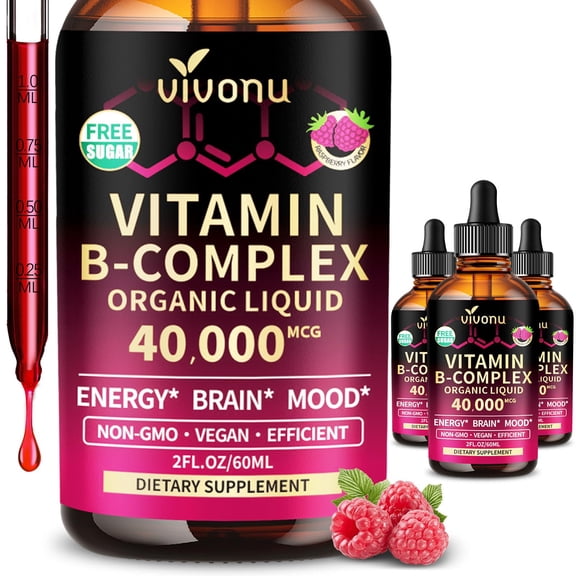 VivoNu Vitamin B Complex Liquid Drops,Methylated Vitamin B12 6000 mcg,B1,B6,B3,B5,B2,Folate, Biotin with Vitamin C D A E,Magnesium, Zinc,CoQ10 for Energy (3 bottles)
