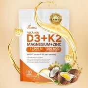 VivoNu Vitamin D3 K2 with Magnesium & Zinc Softgels   4-in-1 with 10,000 IU Vitamin D and 200 mcg K MK-7, Magnesium Glycinate & Zinc Citrate   180 Softgels for Energy, Bone & Muscle Support