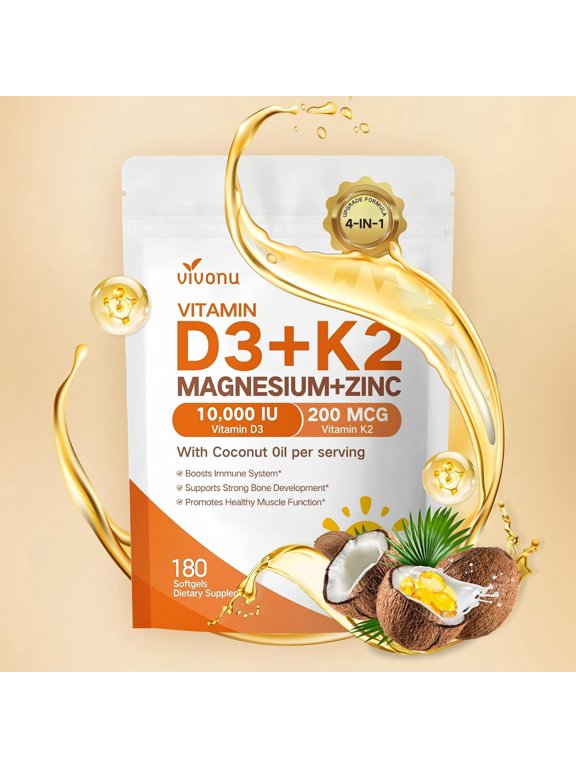 Vitamin D3 K2 with Magnesium & Zinc Softgels 4-in-1 with 10,000 IU Vitamin D and 200 mcg K (MK-7), Magnesium Glycinate & Zinc Citrate 180 Softgels for Energy, Bone & Muscle Support