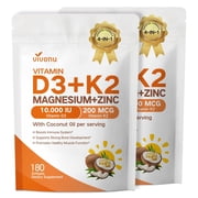 VivoNu Vitamin D3 K2 with Magnesium & Zinc Softgels   4-in-1 with 10,000 IU Vitamin D and 200 mcg K MK-7, Magnesium Glycinate & Zinc Citrate   180 Softgels for Energy, Bone & Muscle Support