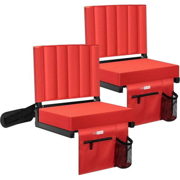 2-Pack Portable Stadium Seat for Bleachers with Back Support, Folding Bleacher Chair with Cup Holder and Shoulder Strap Red