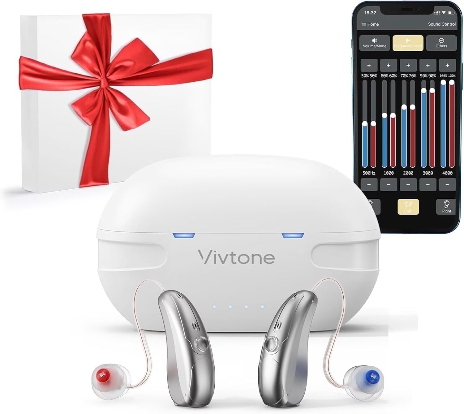 Vivtone Xpure Bluetooth Hearing Devices for Seniors, Rechargeable OTC with Phone Calls, Music Streaming, APP Control, Noise Cancelling RIC Digital Devices, White-Sliver