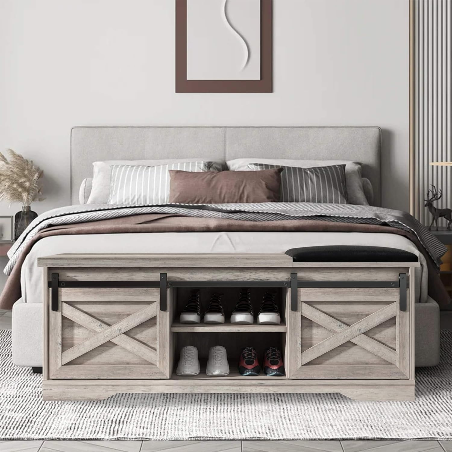 Vivvoo 47 inch Farmhouse Entryway Shoe Storage Bench with Sliding Doors Cushion Mudroom Shelves Walmart