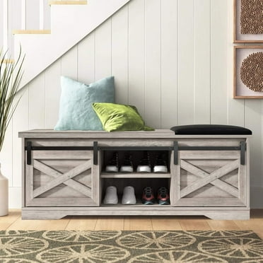 Vivvoo 47 inch Farmhouse Shoe Storage Bench Entryway with Sliding Barn Doors & Cushion
