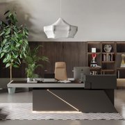 Vivvoo 78.7 Black L Shaped Executive Desk with Drawers Light for Home Office(Left Return)