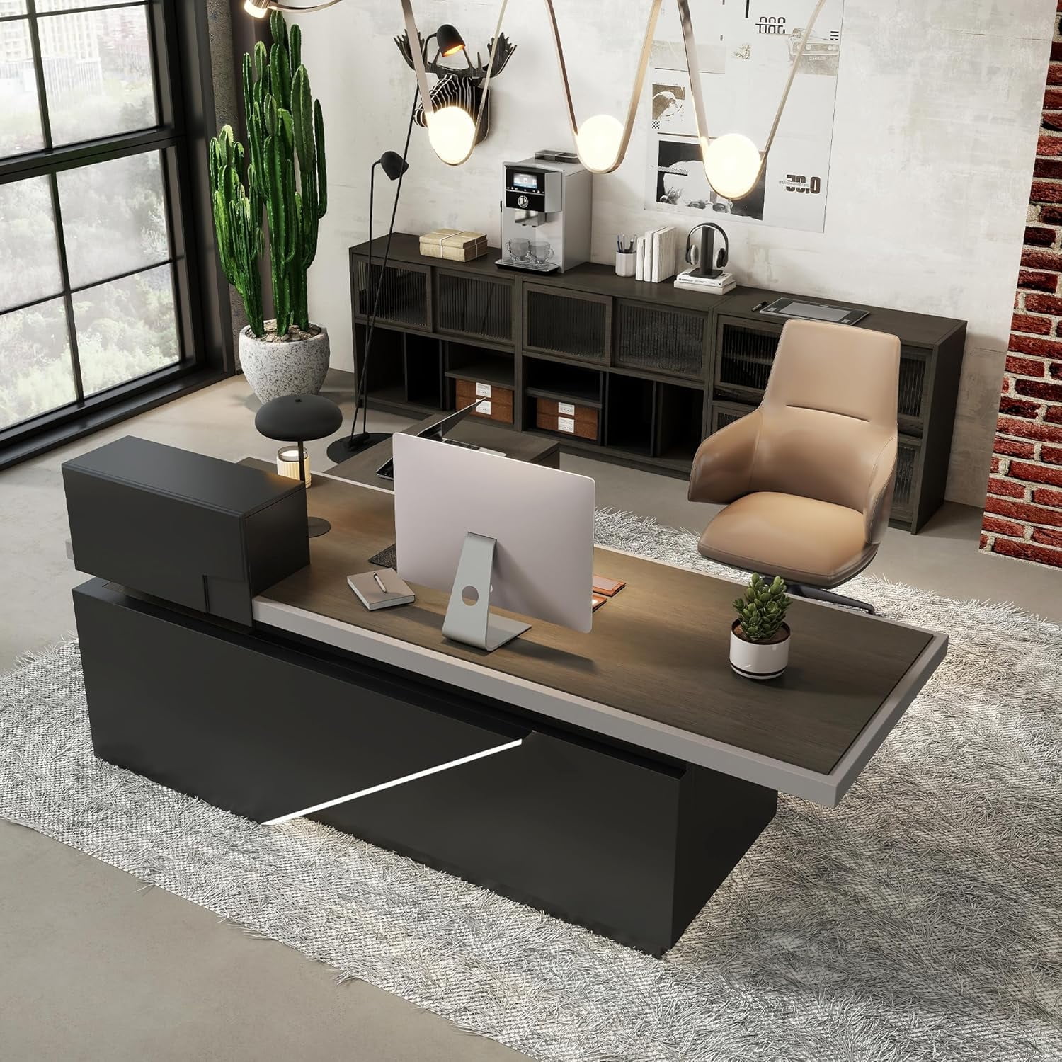 Vivvoo 78.7" Black  L Shaped Executive Desk with Drawers Light for Home Office(Right Return)