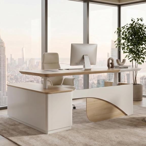 Vivvoo 86.61" White Executive Desk with Power Charging Built-In USB Outlet File Cabinets (Right Return)
