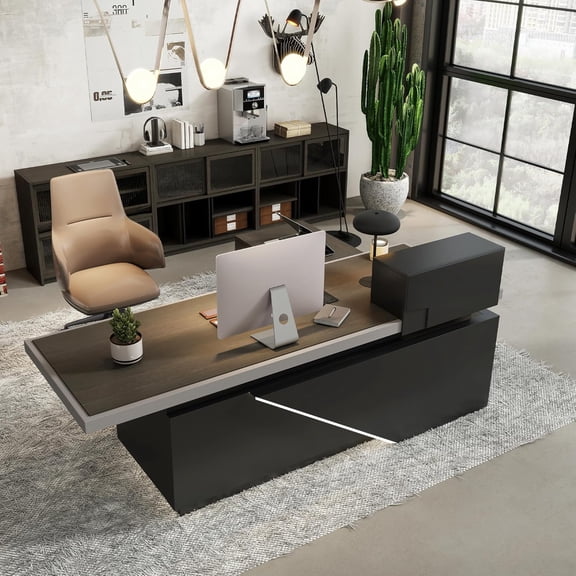Vivvoo 86" Black L Shaped Executive Desk with Drawers Light for Home Office(Left Return)