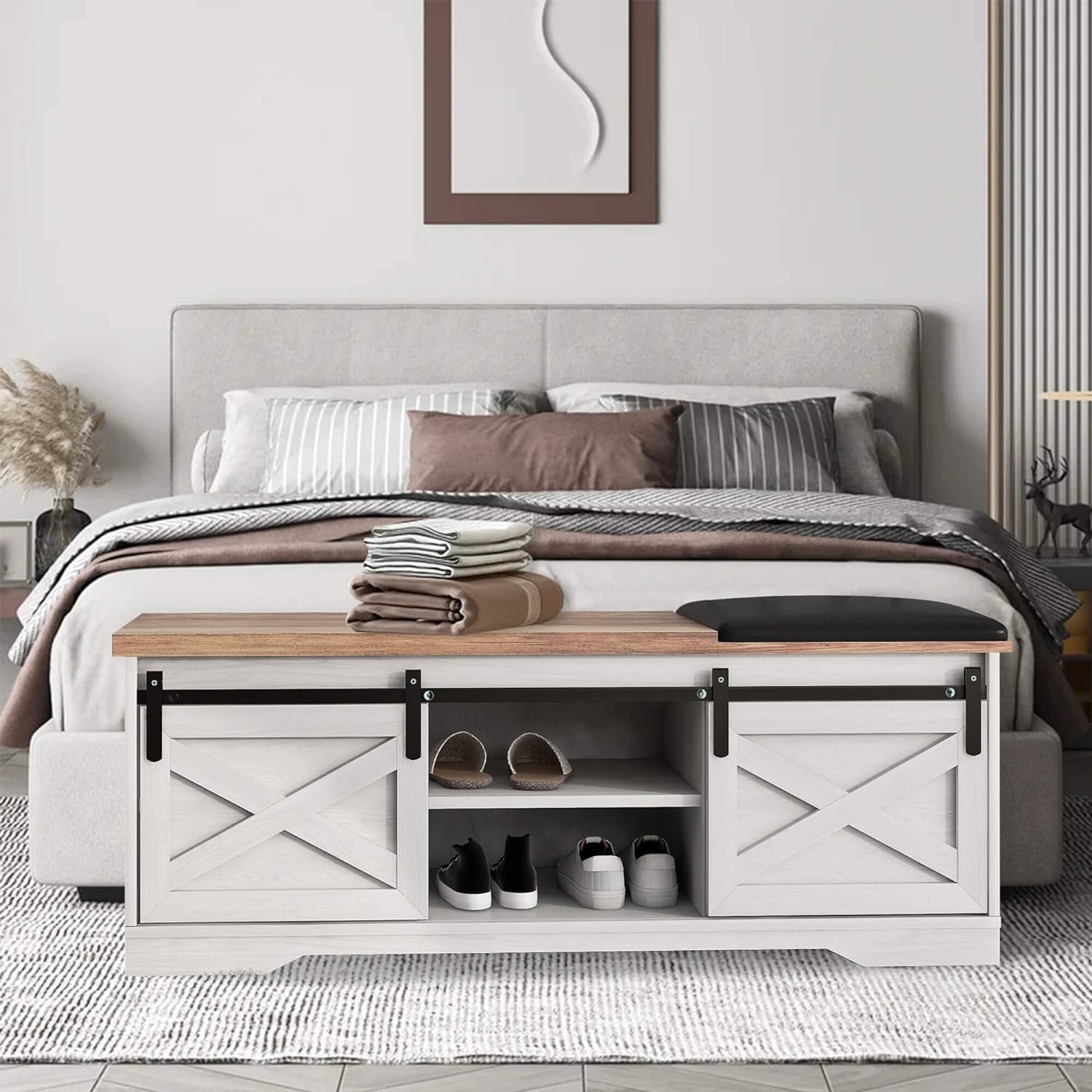 Vivvoo 47 inch Farmhouse Entryway Shoe Storage Bench with Sliding Doors Cushion Mudroom Shelves Walmart
