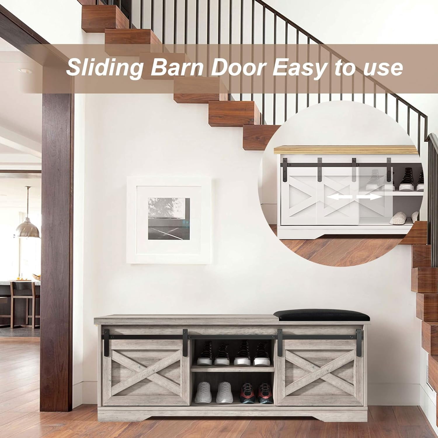 Vivvoo Farmhouse Shoe Storage Bench Entryway with Doors & Cushion 47.24