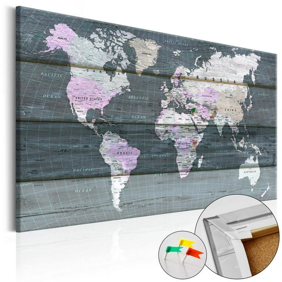 World Map Cork Pin Board - World Map On Grey Wood