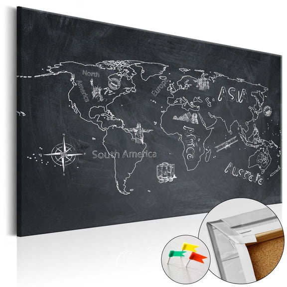 World Map Cork Pin Board - Chalkboard Style