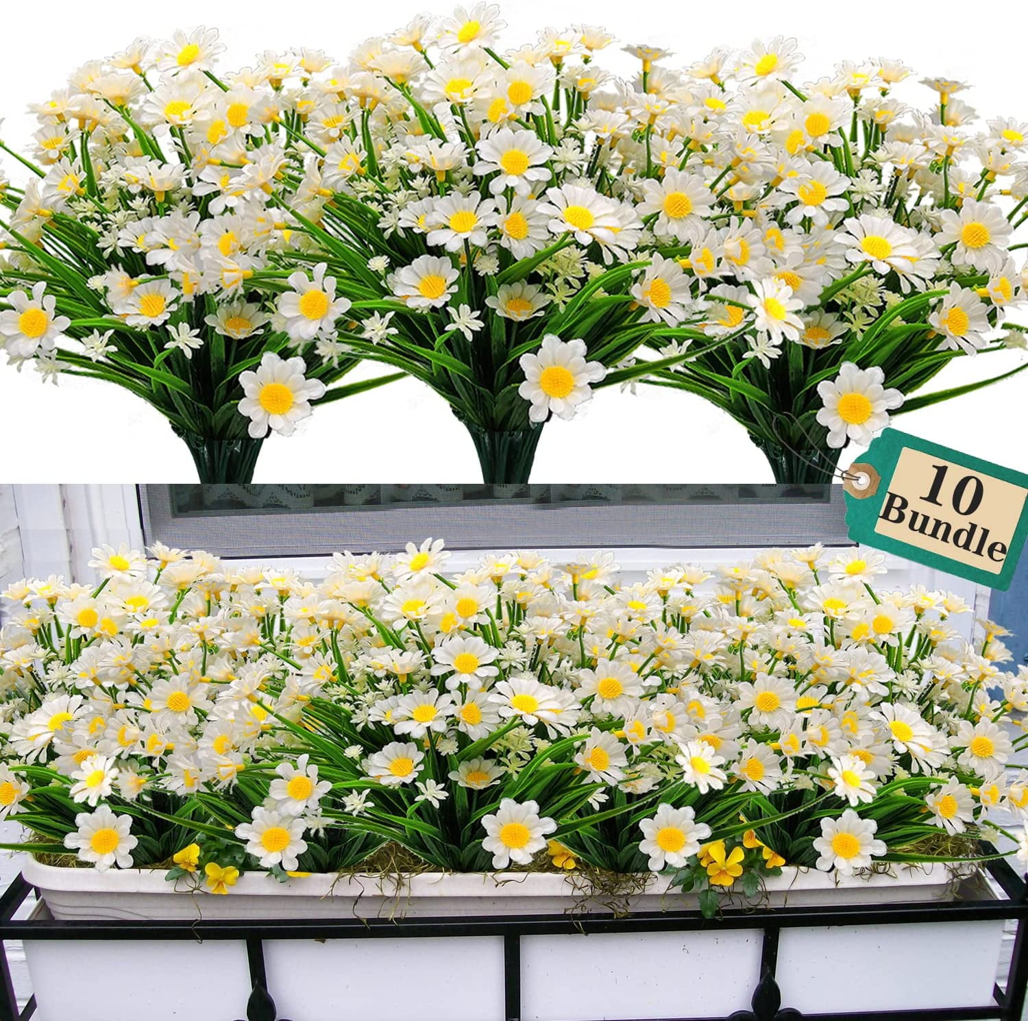 Viworld 10 Bundles Outdoor Artificial Daisy Fake Flowers UV Resistant Plants, Faux Plastic Greenery for Indoor Hanging Plants Garden Porch Window Box Home Wedding Farmhouse Decor (White)