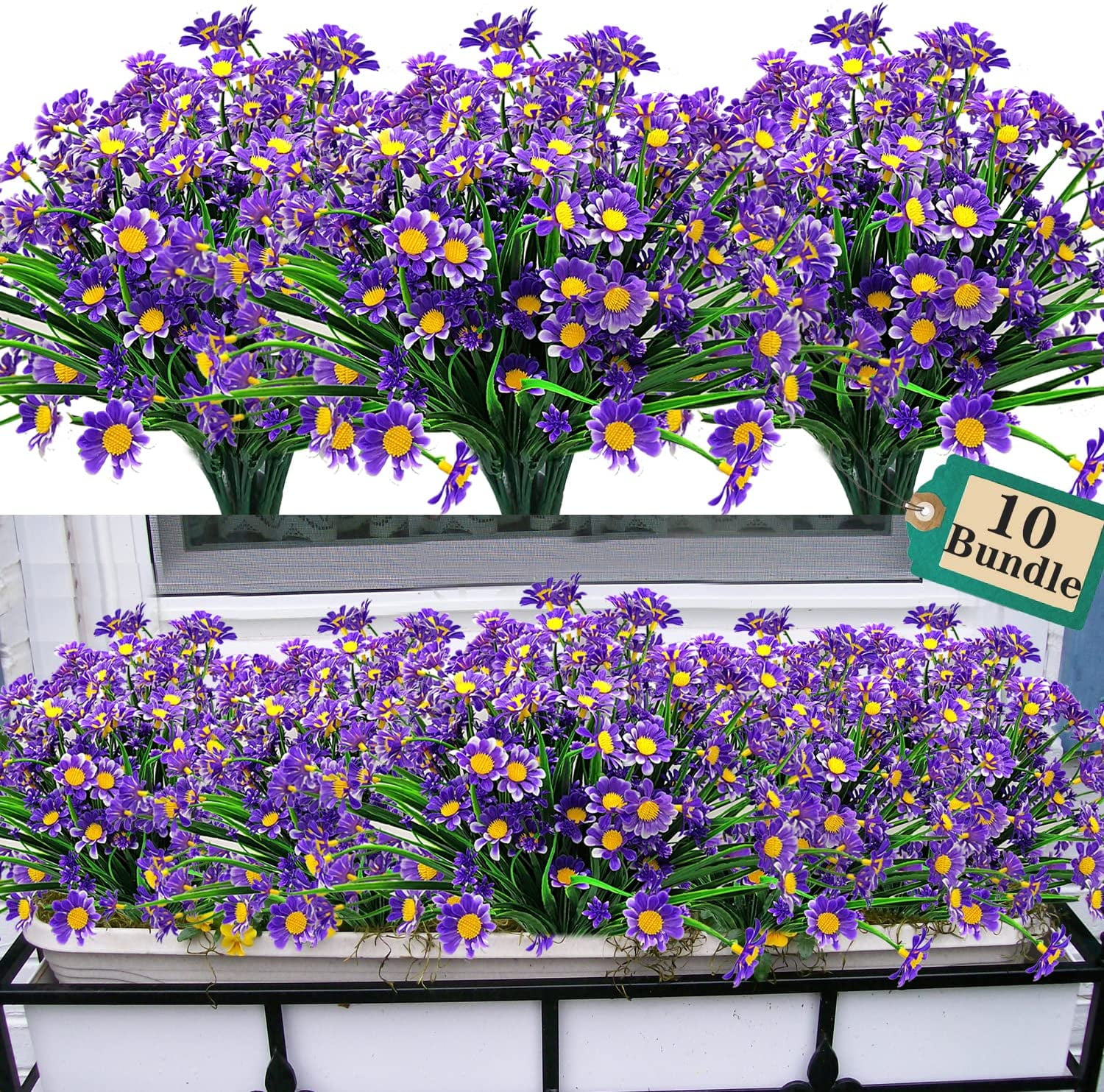 Viworld 10 Bundles Outdoor Artificial Daisy Fake Flowers UV Resistant Plants, Faux Plastic Greenery for Indoor Hanging Plants Garden Porch Window Box Home Wedding Farmhouse Decor (Purple)