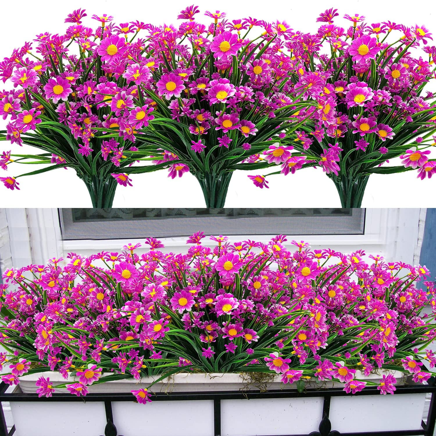 Viworld 10 Bundles Outdoor Artificial Daisy Fake Flowers UV Resistant Plants, Faux Plastic Greenery for Indoor Hanging Plants Garden Porch Window Box Home Wedding Farmhouse Decor (Fushia)