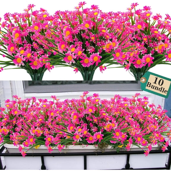 Viworld 10 Bundles Outdoor Artificial Daisy Fake Flowers UV Resistant Plants, Faux Plastic Greenery for Indoor Hanging Plants Garden Porch Window Box Home Wedding Farmhouse Decor (Rose red)