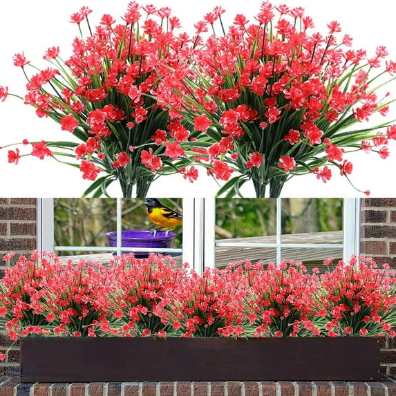 Viworld 12 Bundles Artificial Flowers Fake Boxwood Plants Faux Plastic Lotus Shrubs UV Resistant No Fade Faux Greenery for Home Garden Office Wedding Decoration(Red)