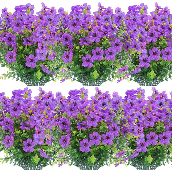 Viworld 12 Bundles Artificial Flowers Outdoor UV Resistant Fake Plastic Plants Indoor Outside Hanging Plants Garden Porch Window Box Home Wedding Farmhouse Festive Shrub Decor (Purple)