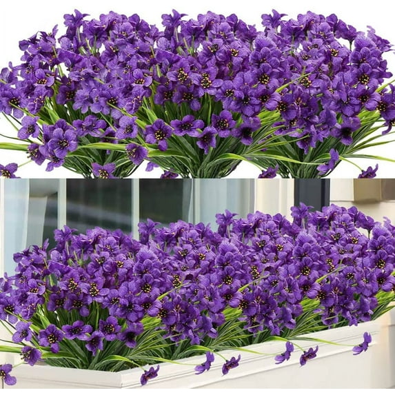 Viworld 12 Bundles Artificial Flowers UV Resistant Fake Plants Outdoor Faux Plastic Flowers Garden Window Box Porch Home Decor, Purple