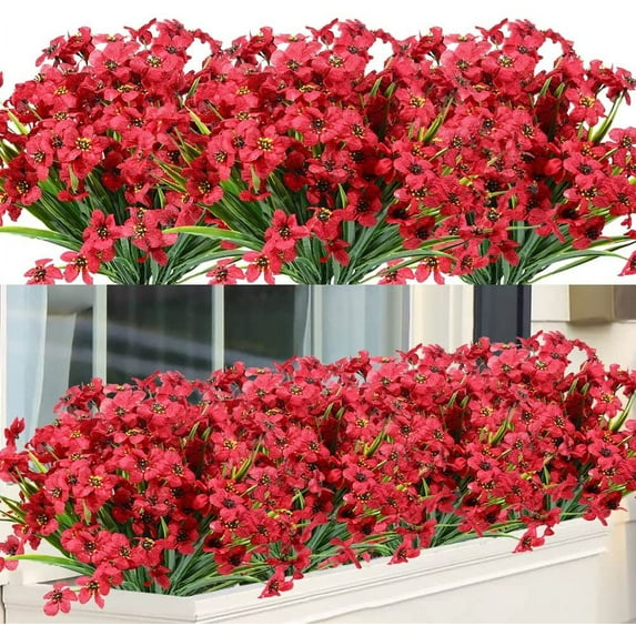 Viworld 12 Bundles Artificial Flowers UV Resistant Fake Plants Outdoor Faux Plastic Flowers Garden Window Box Porch Home Decor, Red