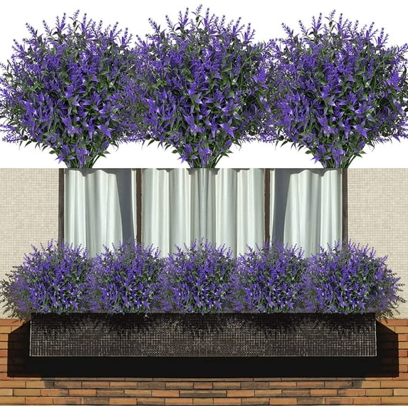 Viworld 12 Bundles Artificial Lavender Flowers, Fake Flowers Outdoor UV Resistant Artificial Flowers Faux Plastic Shrubs for Hanging Planters Outside Porch Vase Home Window Decoration(Purple)